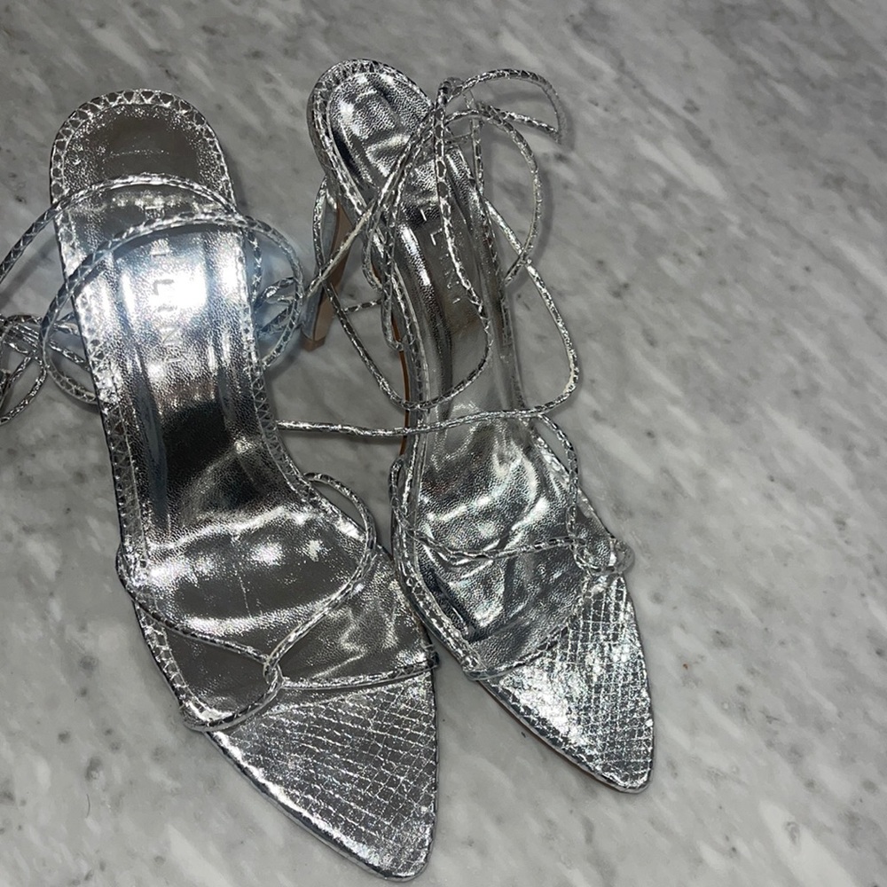 Silver lace up pointed toe heals